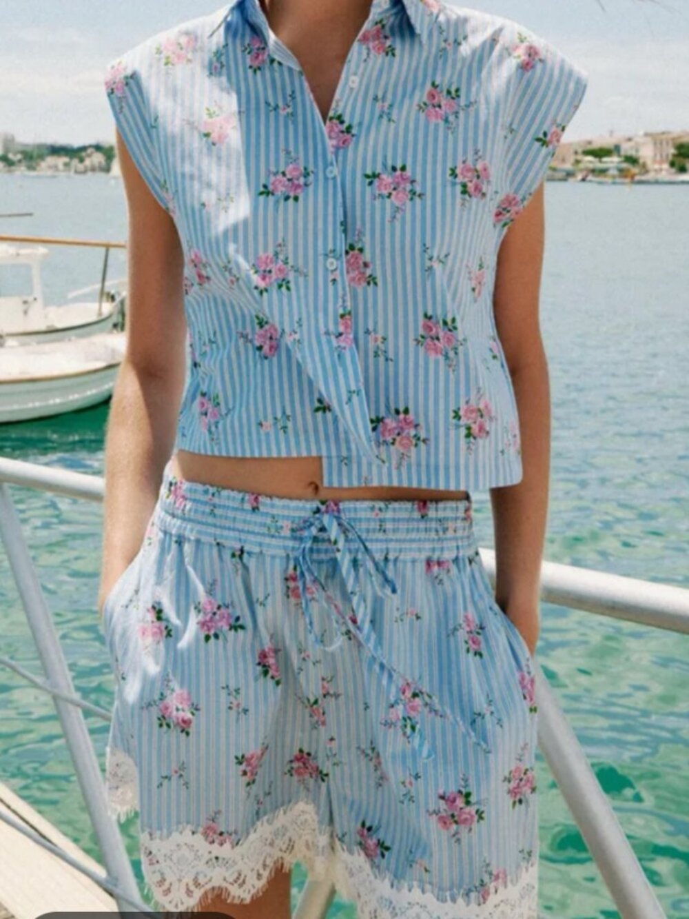 ZARA 2 Piece Matching Set - Floral Button Down Top + Lace Shorts Baby Blue S/M